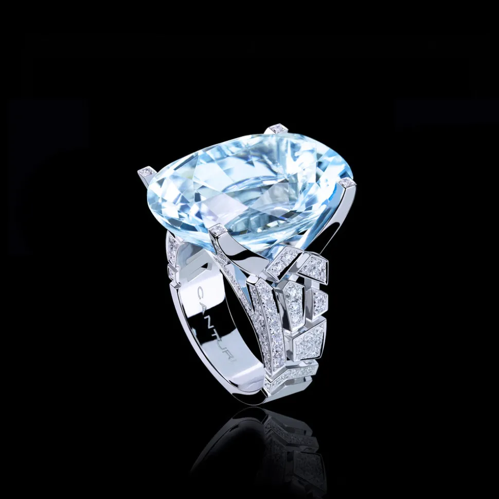 Abstract Aquamarine and Diamond Ring