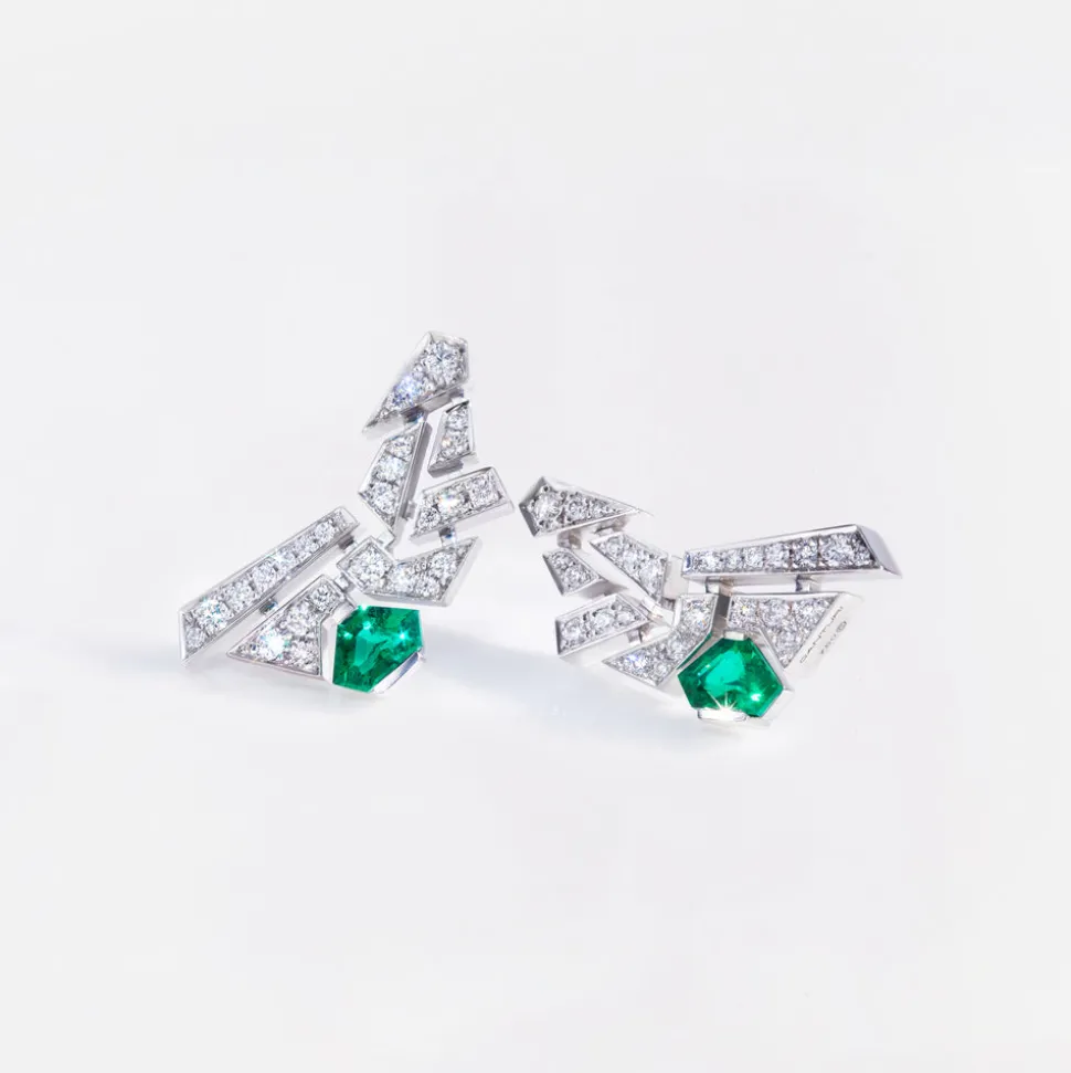 Abstract Diamond and Green Emerald Earrings