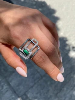 Affinity 3 Link Diamond and Green Emerald Ring