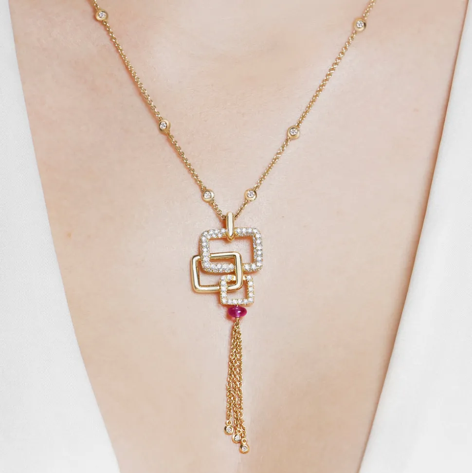 Affinity 3 Link Diamond and Rubellite Tassle Necklace