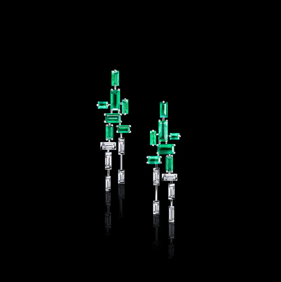Cubism Diamond and Green Emerald Earrings