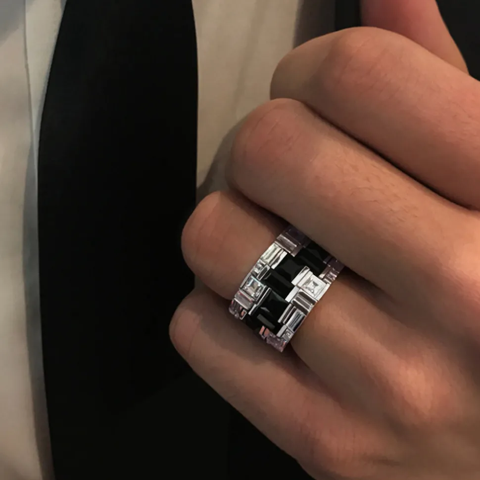 Cubism Radiant Diamond and Australian Black Sapphire Ring (3 row)