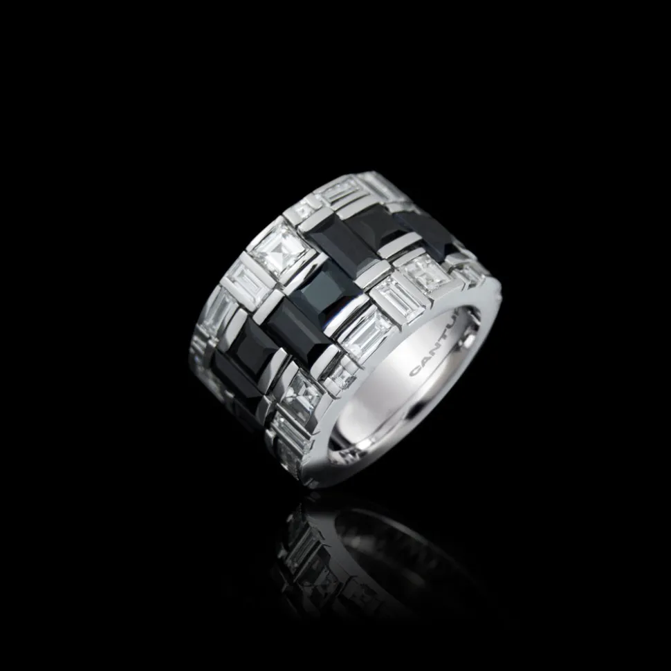 Cubism Radiant Diamond and Australian Black Sapphire Ring (3 row)