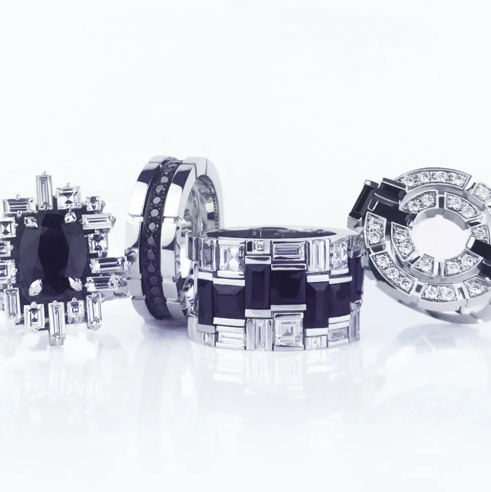 Cubism Radiant Diamond and Australian Black Sapphire Ring (3 row)
